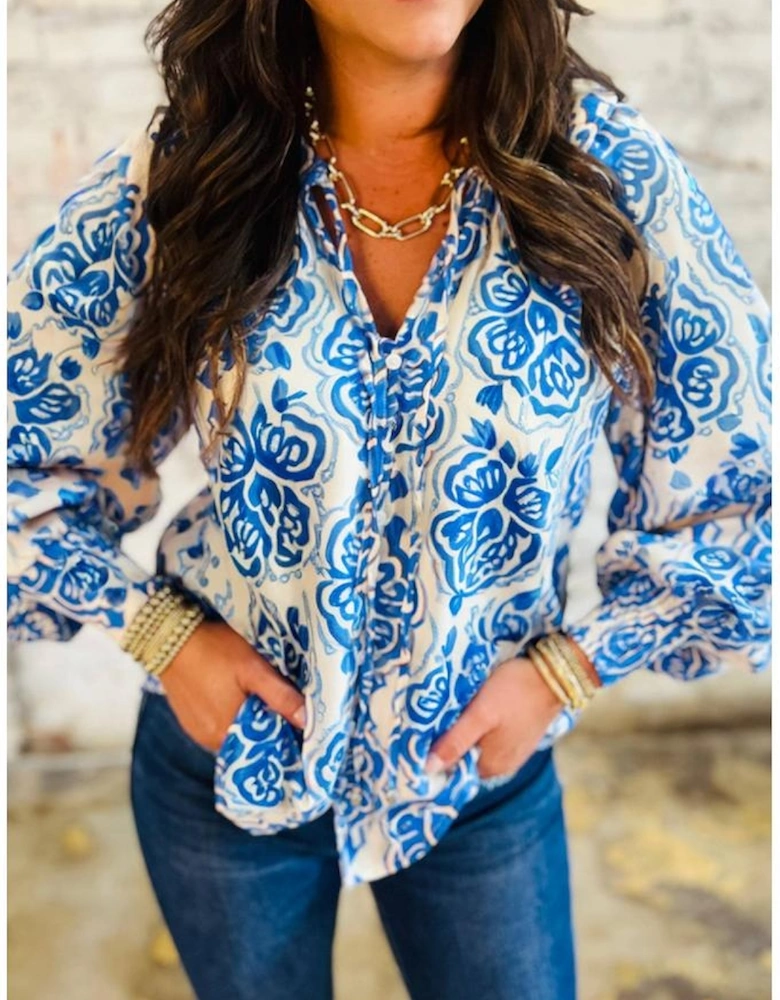 Sky Blue Ethnic Printed Tie Split Neck Button Front Puff Sleeve Shirt