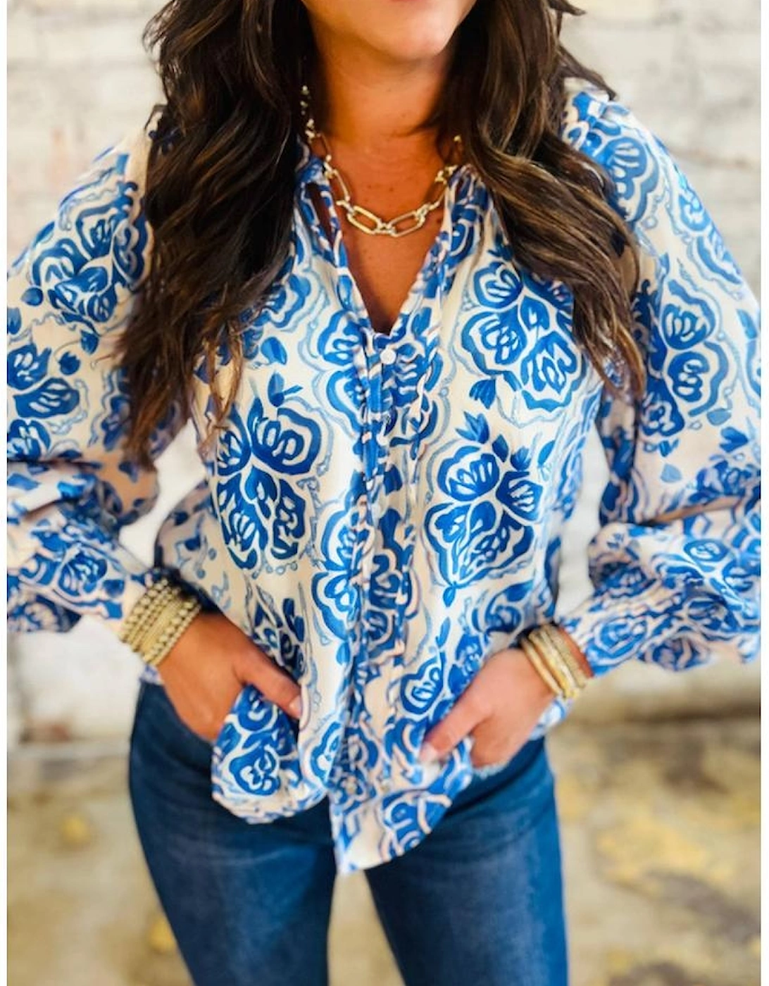 Sky Blue Ethnic Printed Tie Split Neck Button Front Puff Sleeve Shirt