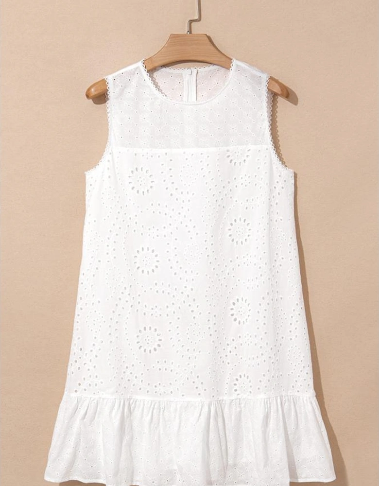 White Floral Eyelet Embroidered Sleeveless Shift Dress
