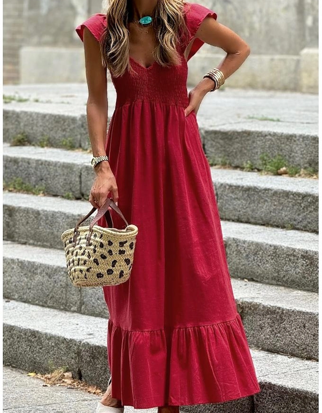 Fiery Red V Neck Flutter Sleeve Smocked Bodice High Waist Ruffle Maxi Dress, 6 of 5