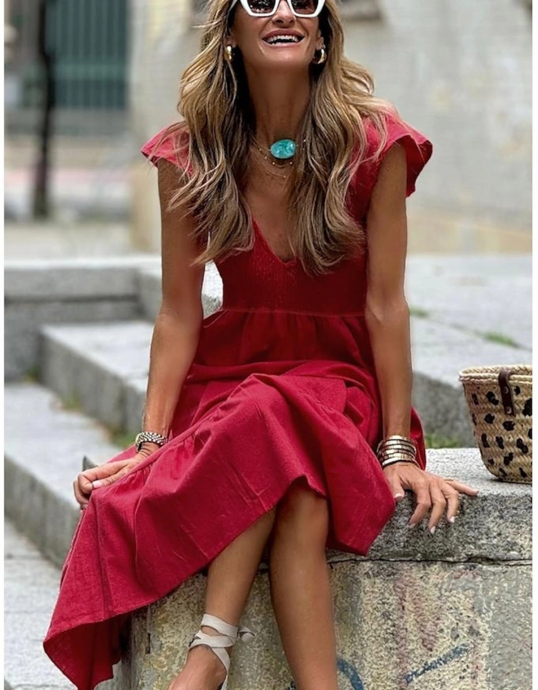 Fiery Red V Neck Flutter Sleeve Smocked Bodice High Waist Ruffle Maxi Dress