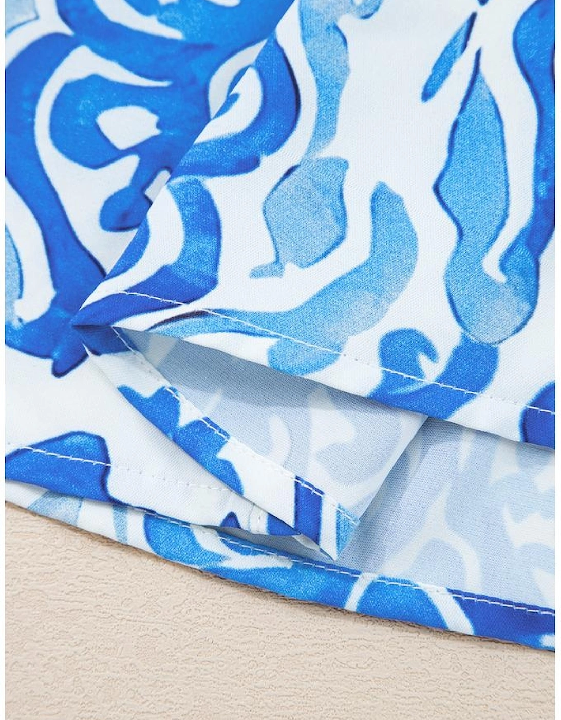 Sky Blue Ethnic Printed Tie Split Neck Button Front Puff Sleeve Shirt