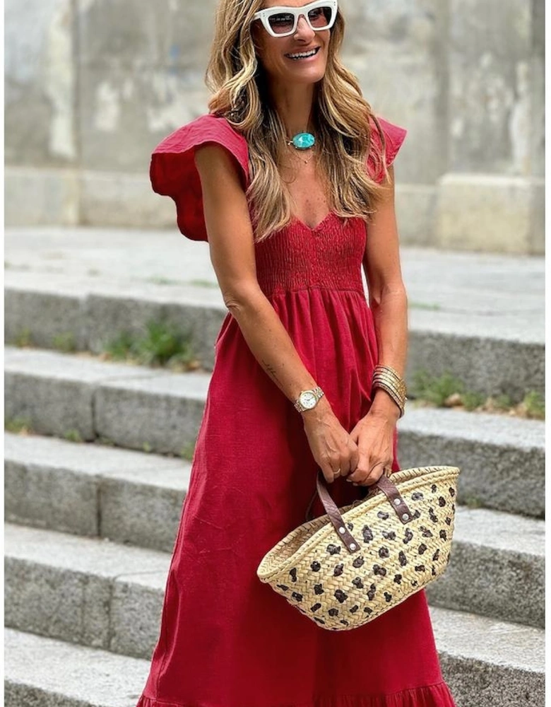 Fiery Red V Neck Flutter Sleeve Smocked Bodice High Waist Ruffle Maxi Dress