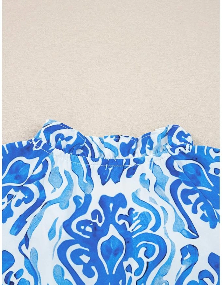 Sky Blue Ethnic Printed Tie Split Neck Button Front Puff Sleeve Shirt