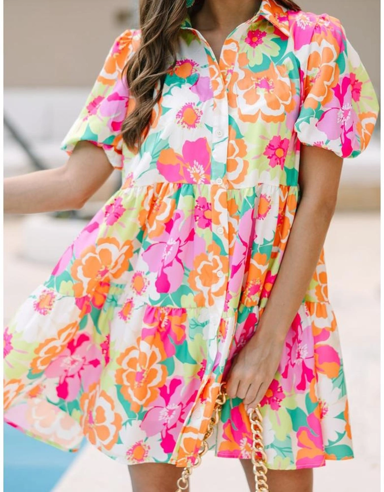 Pink Floral Puff Sleeve Collar Buttoned Babydoll Dress