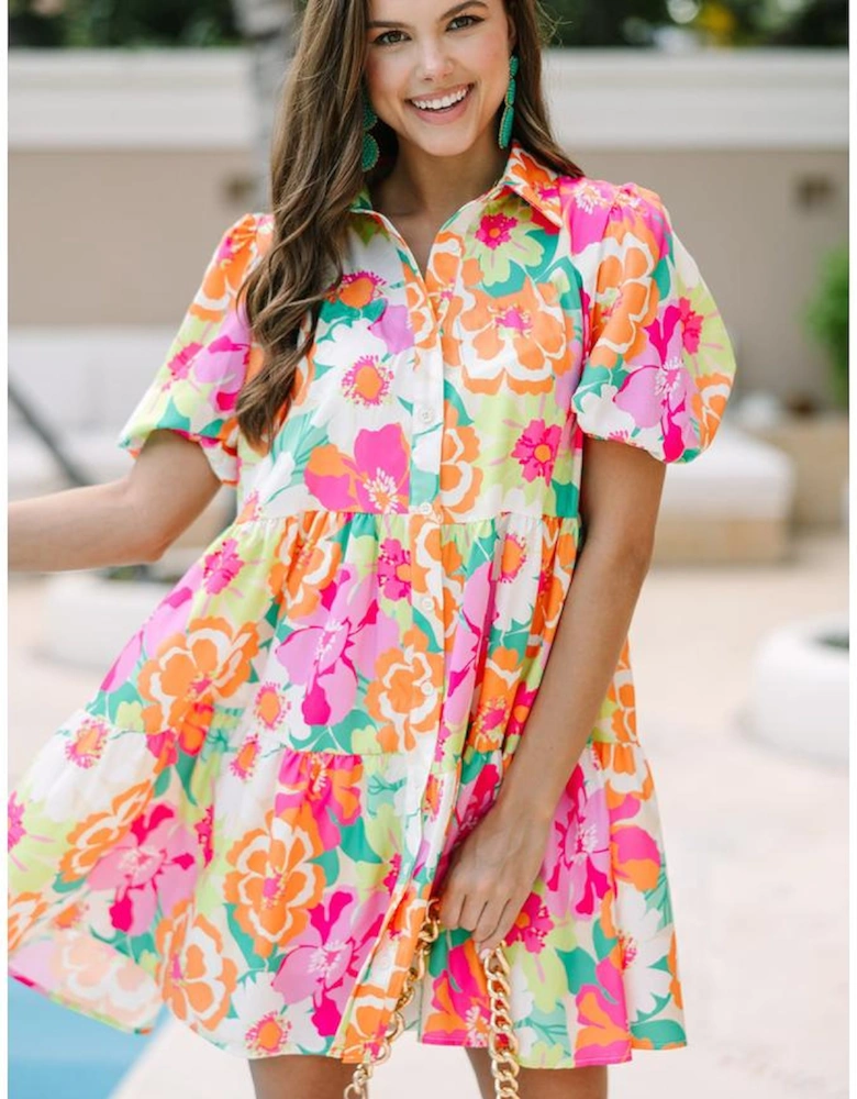 Pink Floral Puff Sleeve Collar Buttoned Babydoll Dress