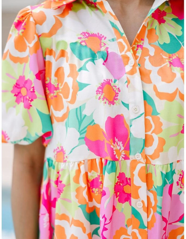 Pink Floral Puff Sleeve Collar Buttoned Babydoll Dress