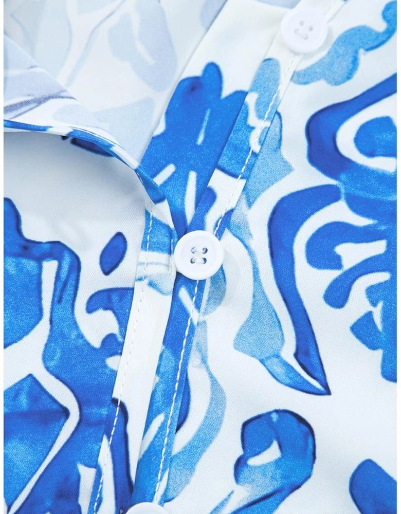 Sky Blue Ethnic Printed Tie Split Neck Button Front Puff Sleeve Shirt