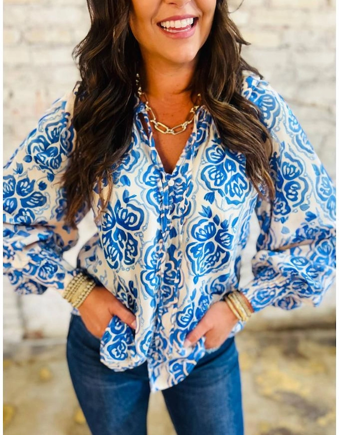 Sky Blue Ethnic Printed Tie Split Neck Button Front Puff Sleeve Shirt