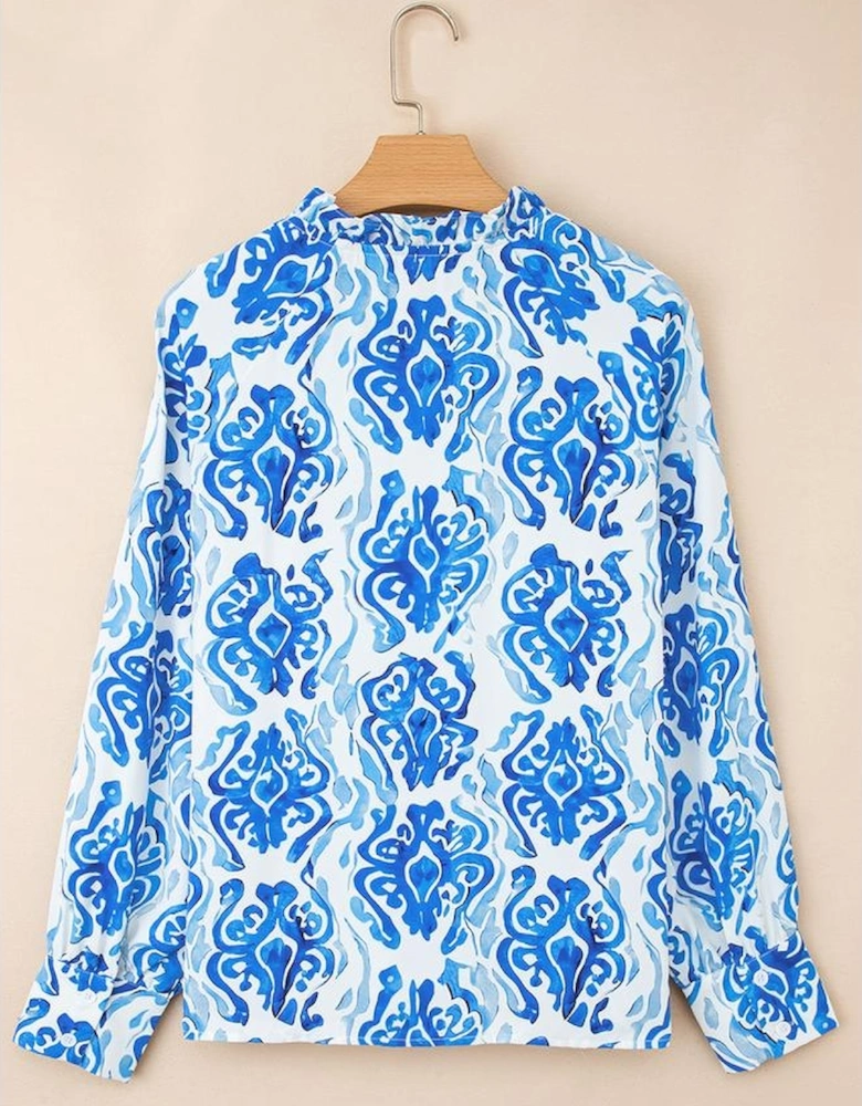Sky Blue Ethnic Printed Tie Split Neck Button Front Puff Sleeve Shirt