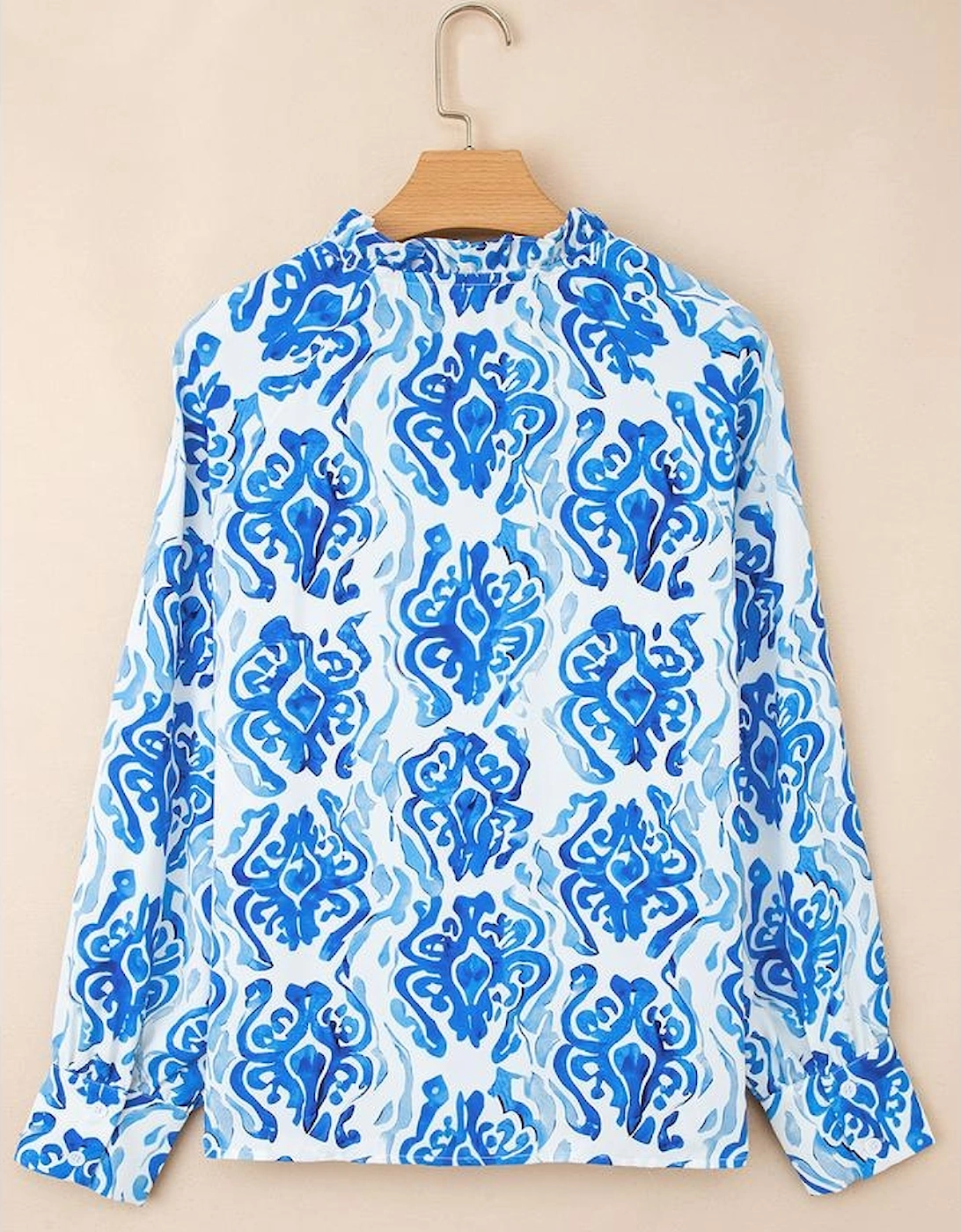 Sky Blue Ethnic Printed Tie Split Neck Button Front Puff Sleeve Shirt