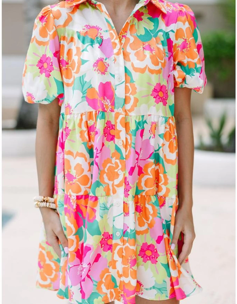 Pink Floral Puff Sleeve Collar Buttoned Babydoll Dress