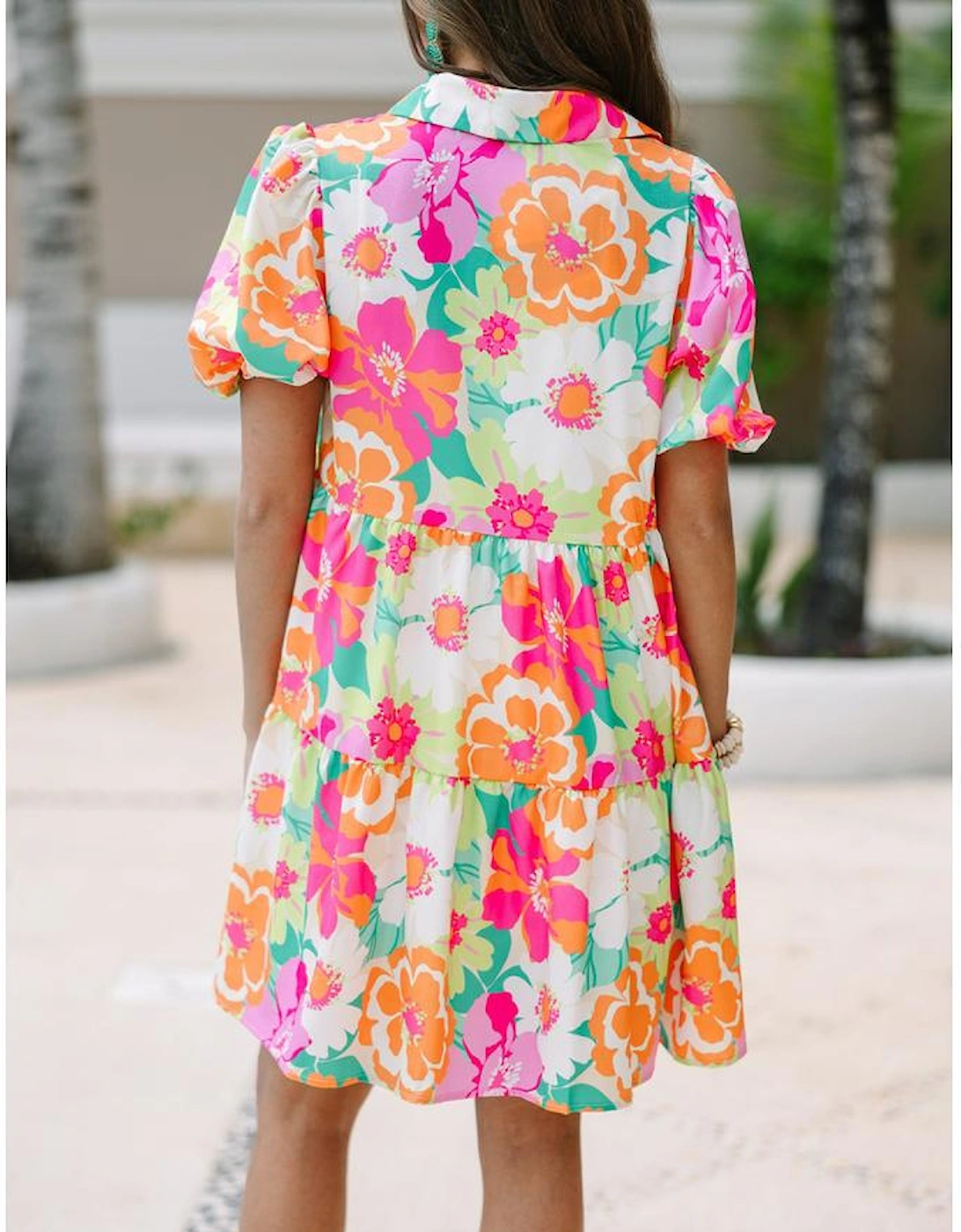 Pink Floral Puff Sleeve Collar Buttoned Babydoll Dress