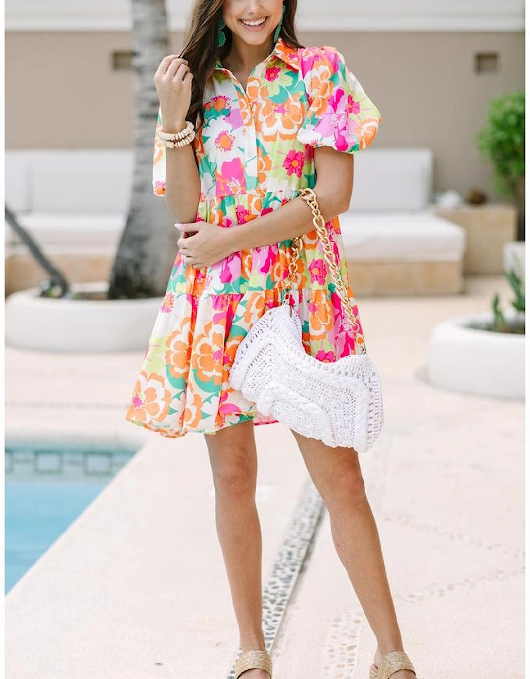 Pink Floral Puff Sleeve Collar Buttoned Babydoll Dress