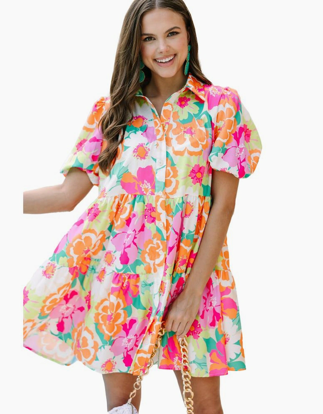 Pink Floral Puff Sleeve Collar Buttoned Babydoll Dress