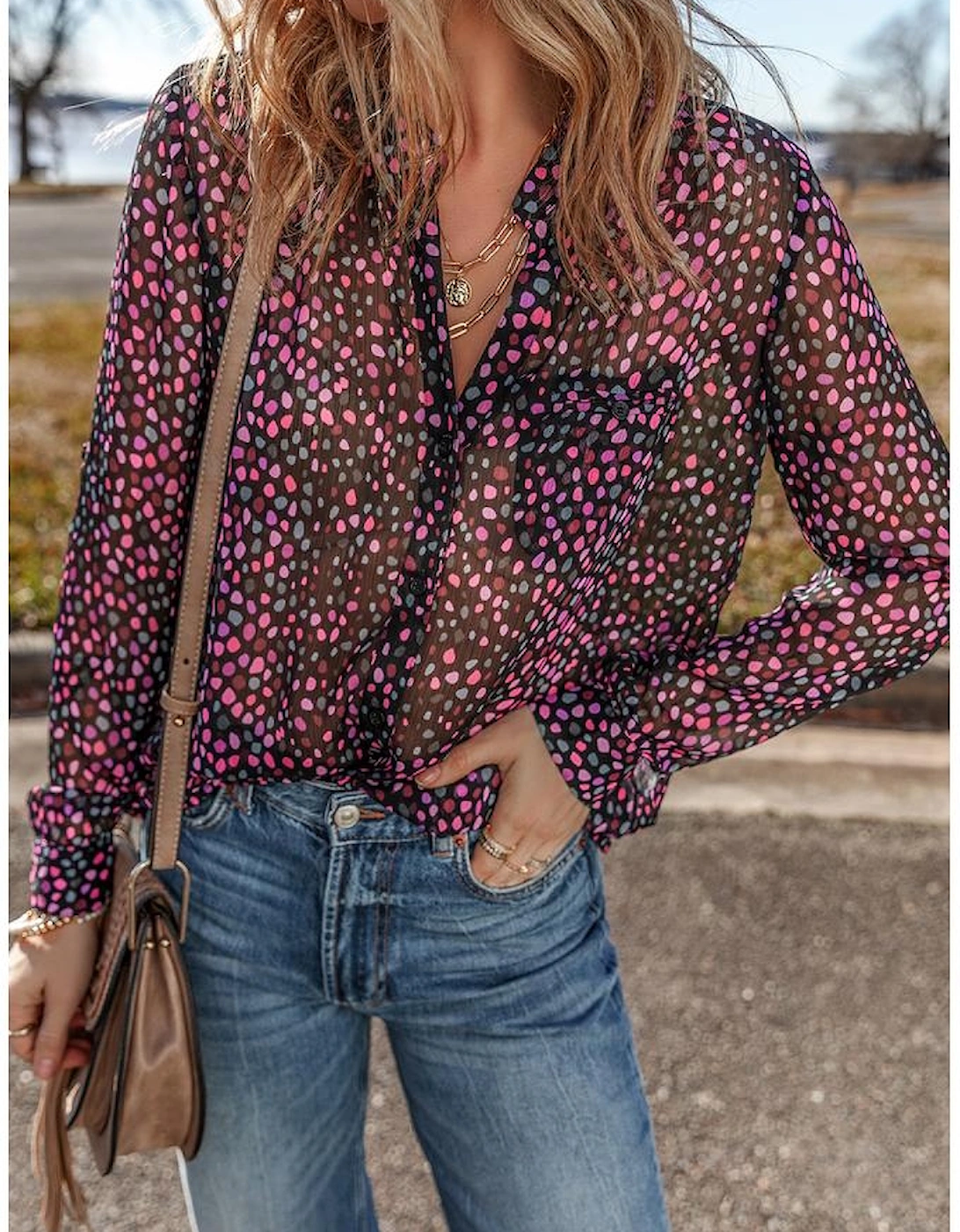 Grape Wine Polka Dot Printed Buttoned Casual Shirt, 16 of 15