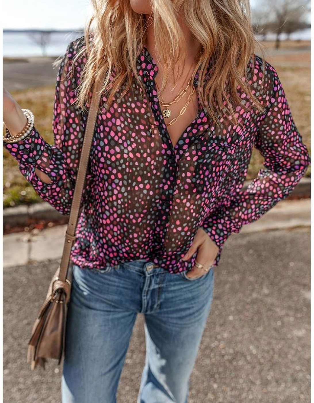 Grape Wine Polka Dot Printed Buttoned Casual Shirt