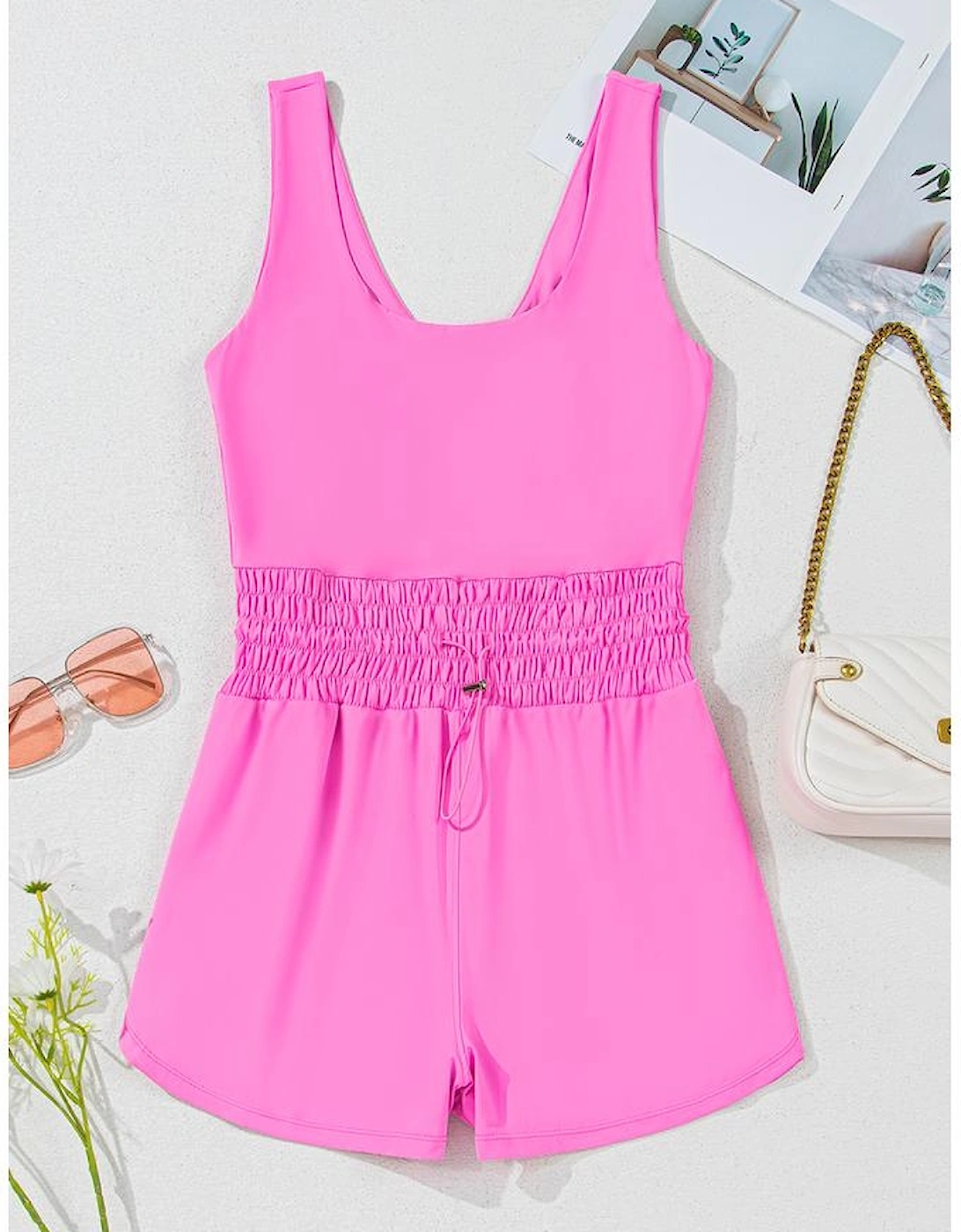Sachet Pink Plain Sleeveless Loop Drawstring Cinched Waist Romper