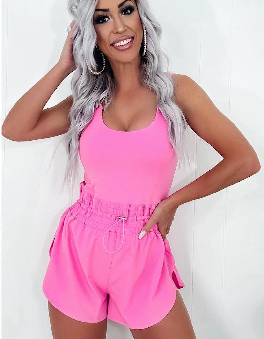 Sachet Pink Plain Sleeveless Loop Drawstring Cinched Waist Romper