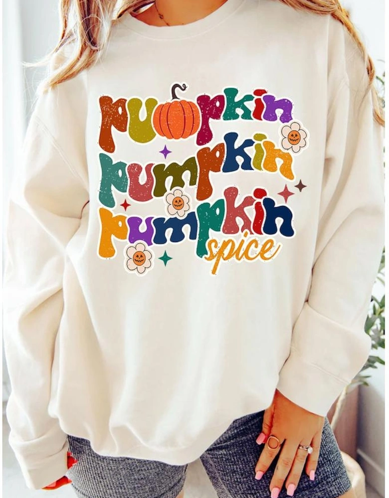 Beige Cute Pumpkin Spice Graphic Thanksgiving Sweatshirt