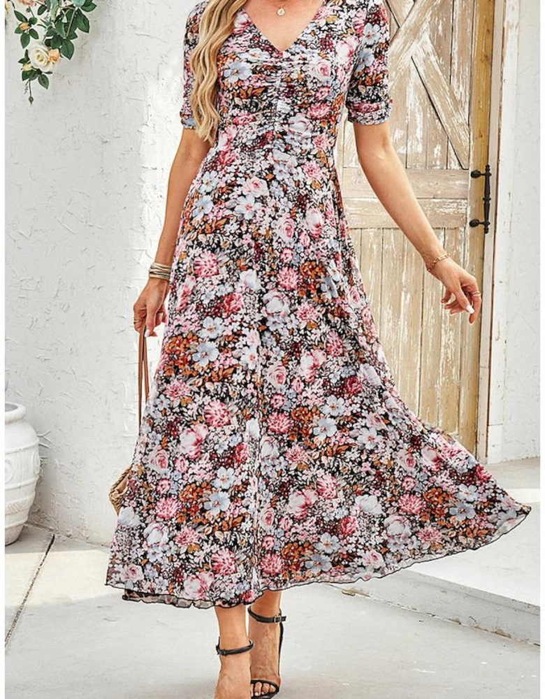 Brown Mesh Leopard Floral Reversible V Neck Short Sleeve Dress