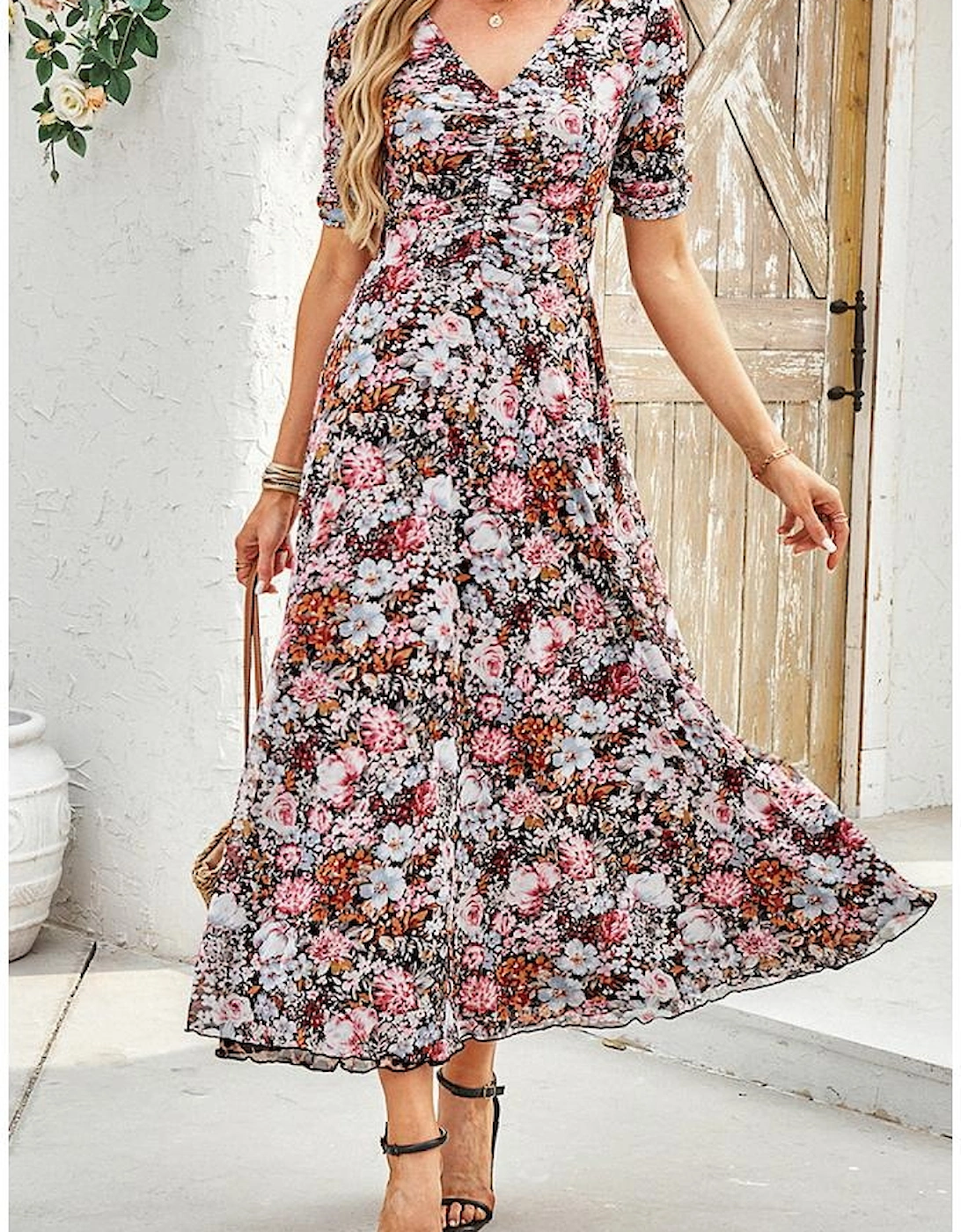 Brown Mesh Leopard Floral Reversible V Neck Short Sleeve Dress, 16 of 15