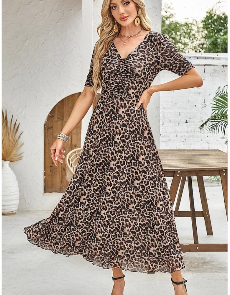 Brown Mesh Leopard Floral Reversible V Neck Short Sleeve Dress