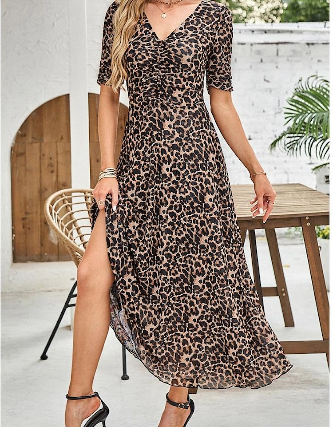 Brown Mesh Leopard Floral Reversible V Neck Short Sleeve Dress