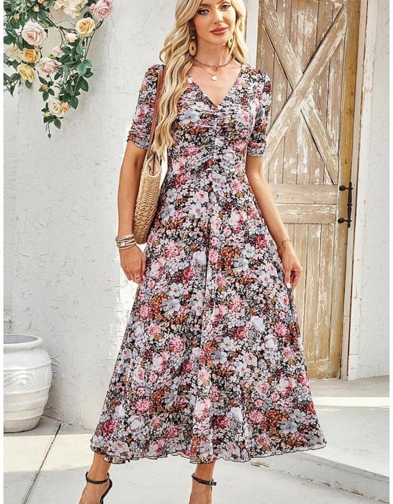 Brown Mesh Leopard Floral Reversible V Neck Short Sleeve Dress