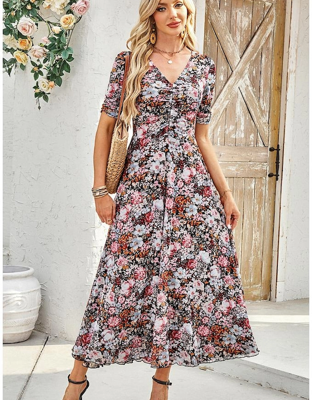 Brown Mesh Leopard Floral Reversible V Neck Short Sleeve Dress