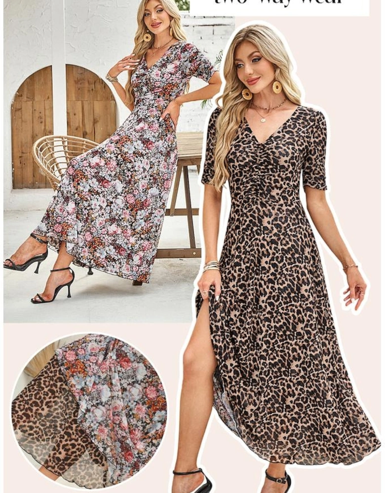 Brown Mesh Leopard Floral Reversible V Neck Short Sleeve Dress