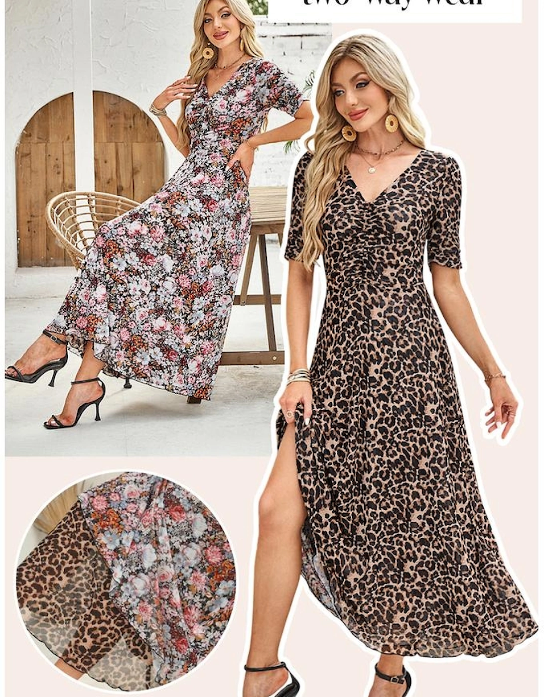 Brown Mesh Leopard Floral Reversible V Neck Short Sleeve Dress