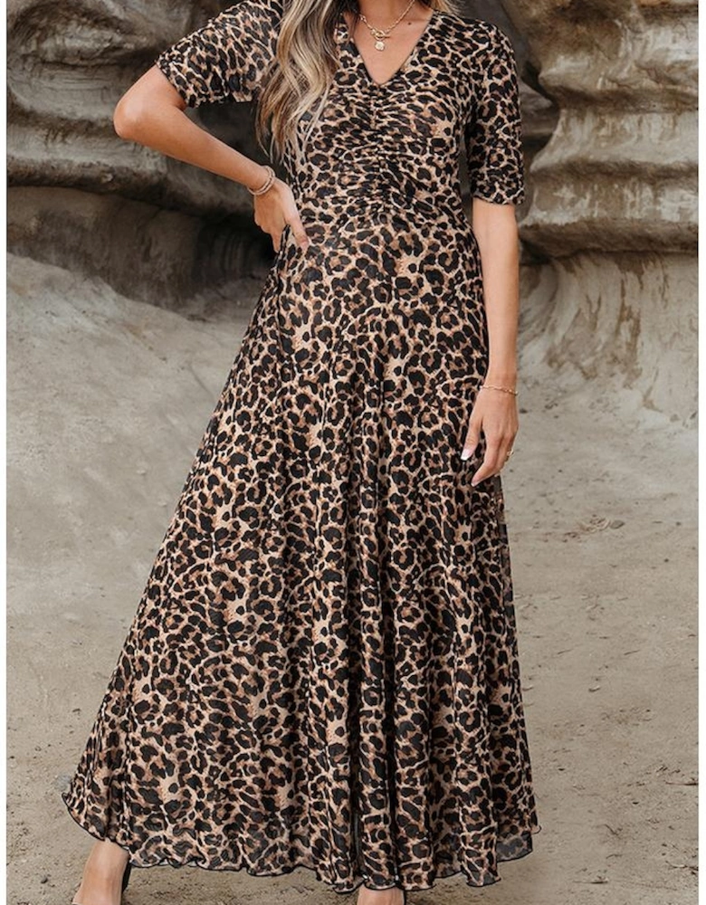 Brown Mesh Leopard Floral Reversible V Neck Short Sleeve Dress