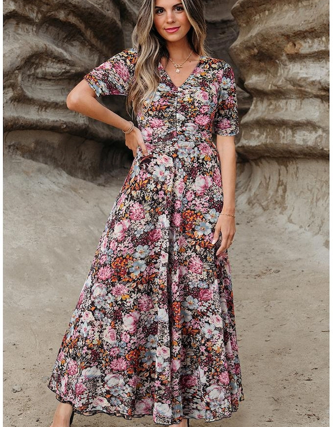 Brown Mesh Leopard Floral Reversible V Neck Short Sleeve Dress