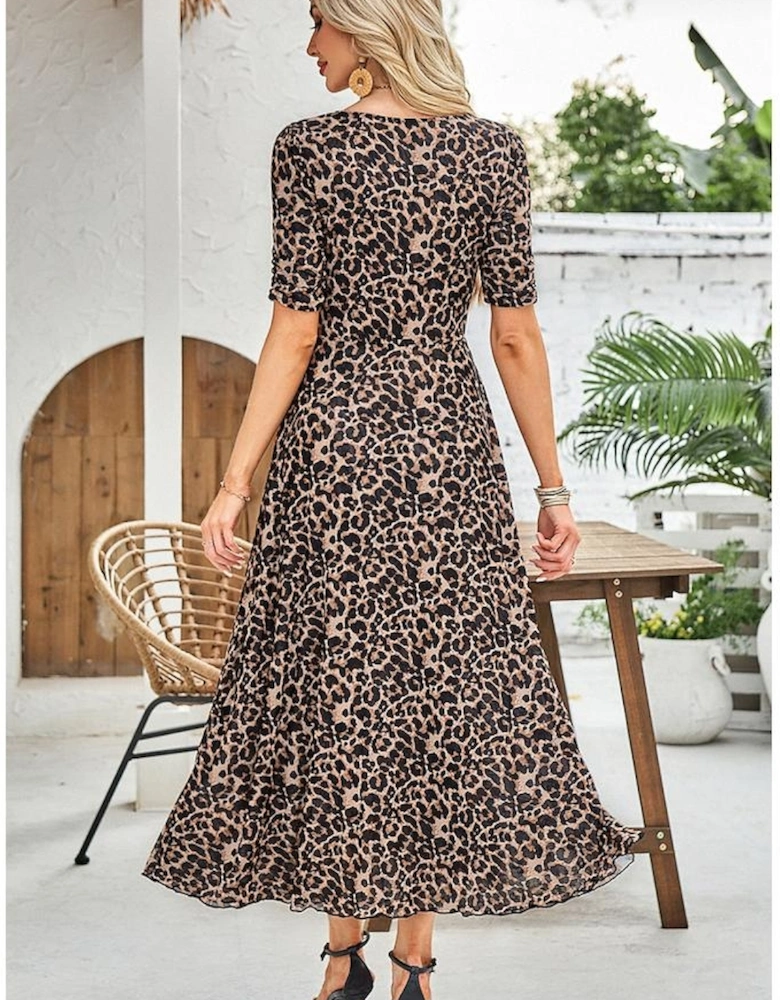 Brown Mesh Leopard Floral Reversible V Neck Short Sleeve Dress