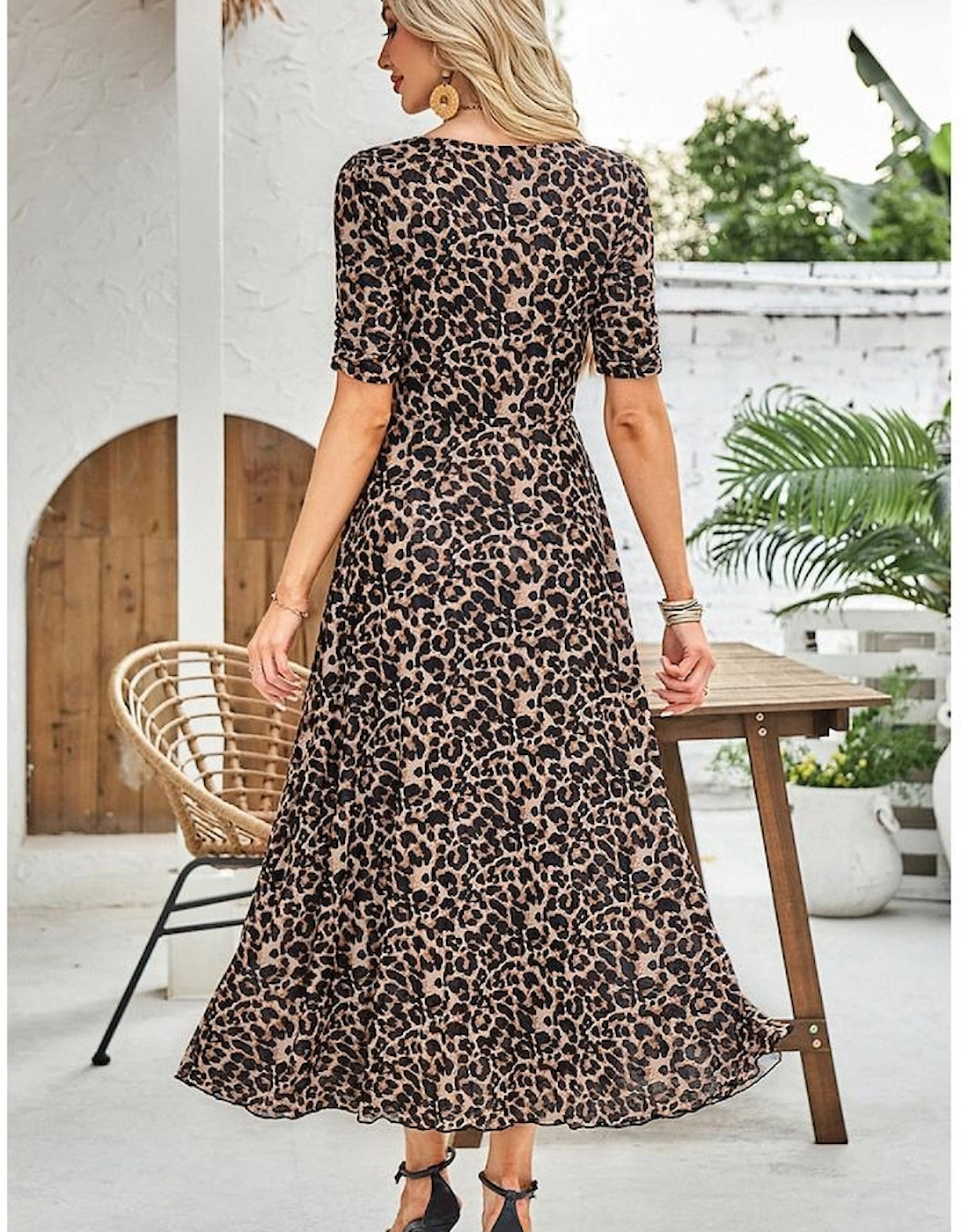 Brown Mesh Leopard Floral Reversible V Neck Short Sleeve Dress