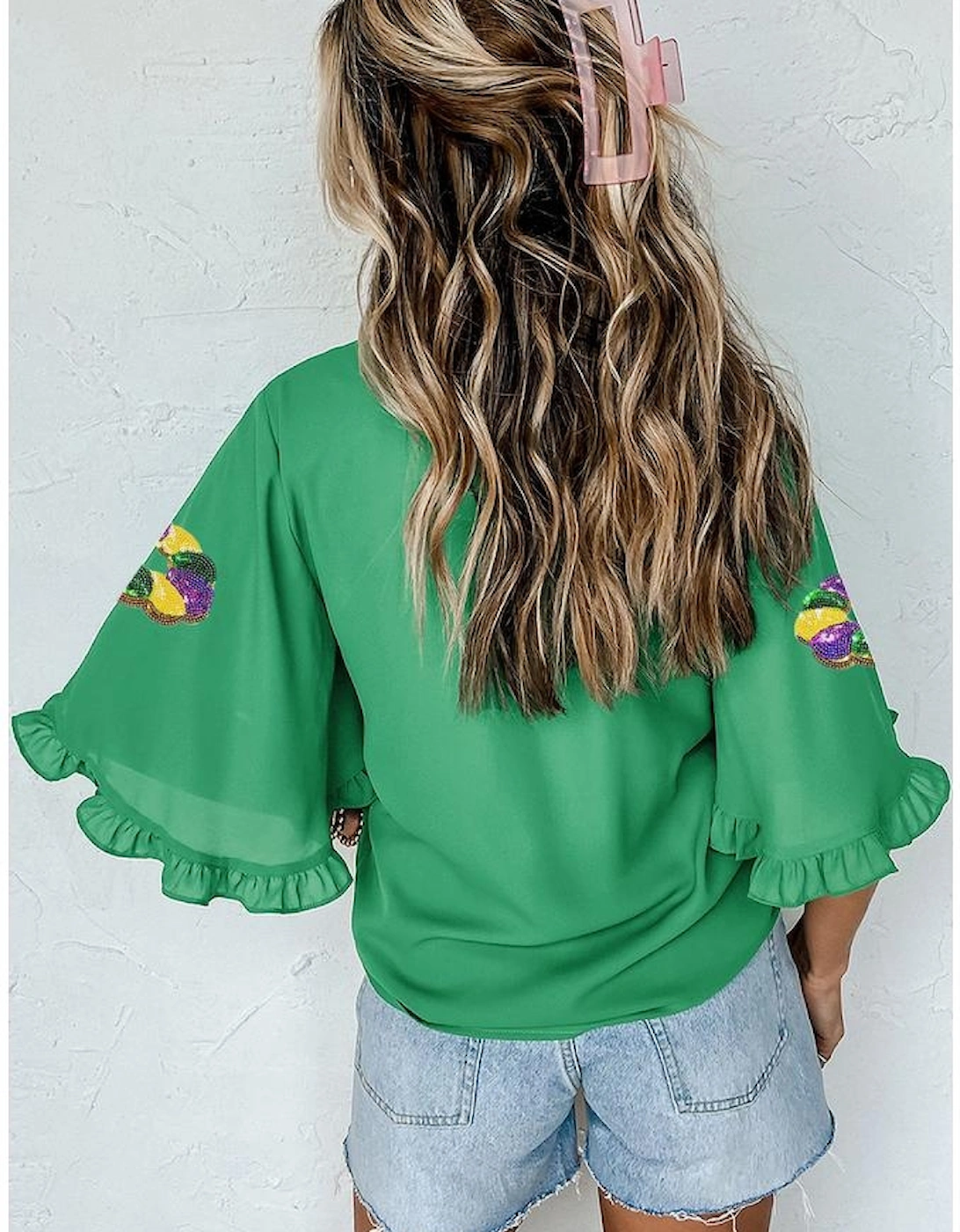 Green Sequin Doughnut Graphic Ruffled Trim Bell Sleeve Mardi Gras Blouse, 9 of 8