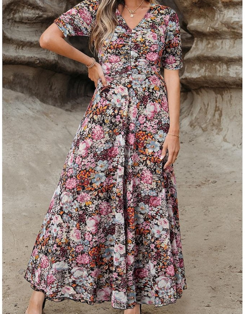 Brown Mesh Leopard Floral Reversible V Neck Short Sleeve Dress