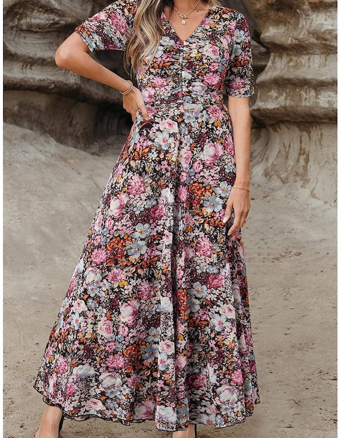 Brown Mesh Leopard Floral Reversible V Neck Short Sleeve Dress