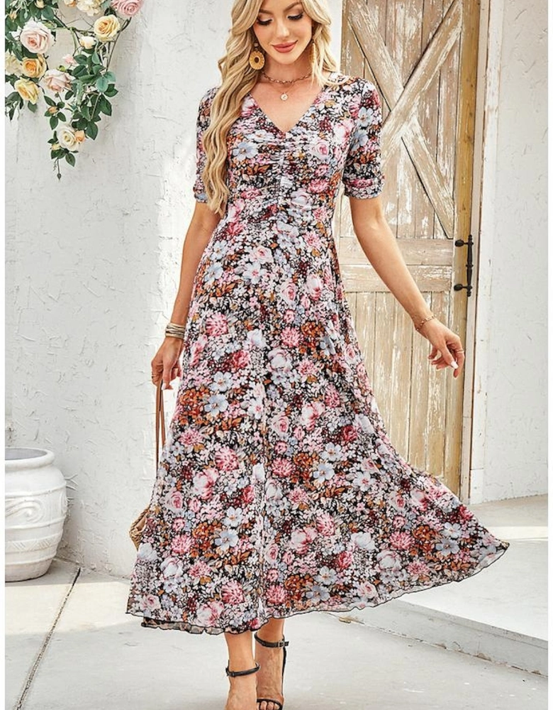 Brown Mesh Leopard Floral Reversible V Neck Short Sleeve Dress