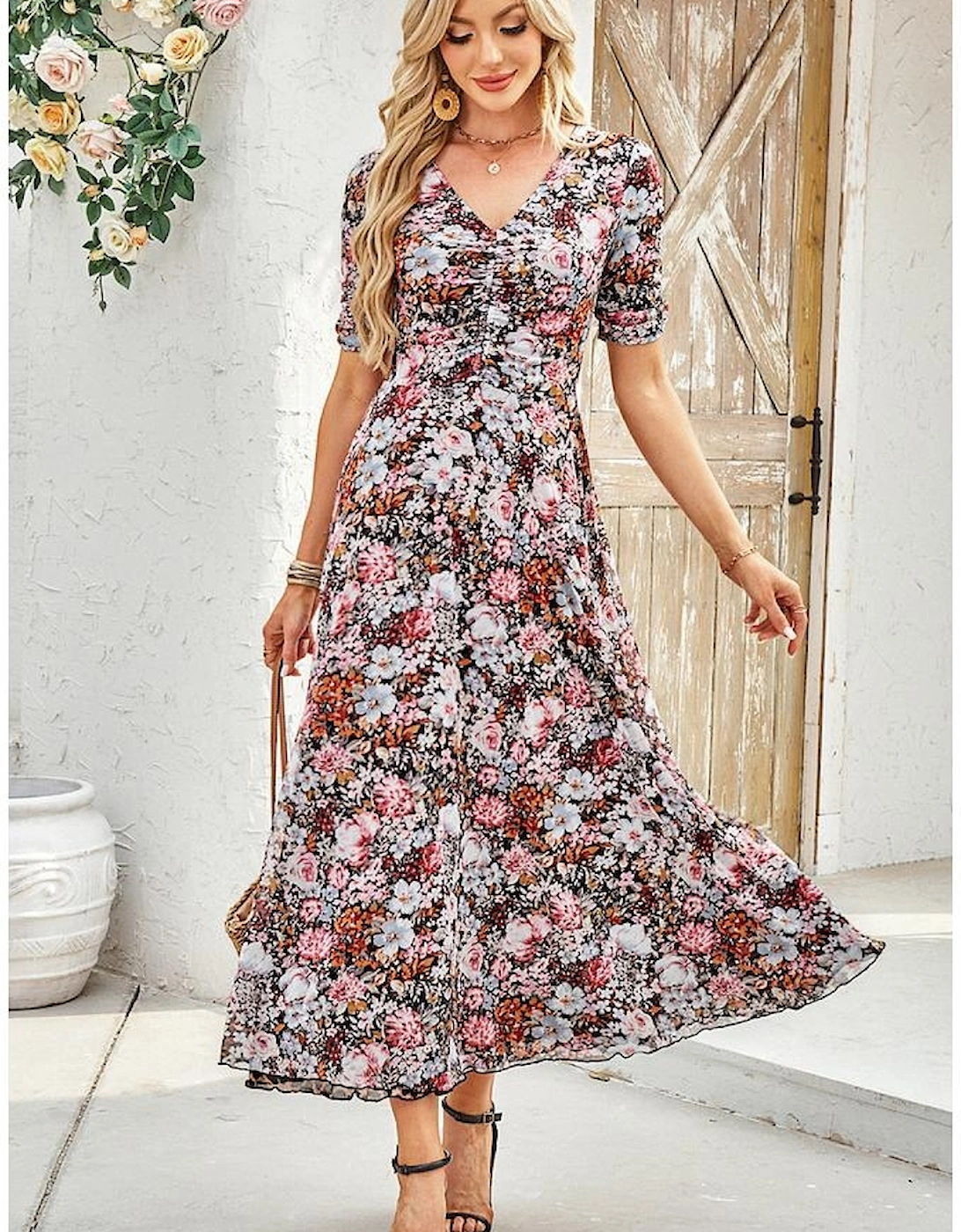 Brown Mesh Leopard Floral Reversible V Neck Short Sleeve Dress