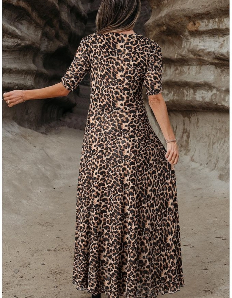 Brown Mesh Leopard Floral Reversible V Neck Short Sleeve Dress