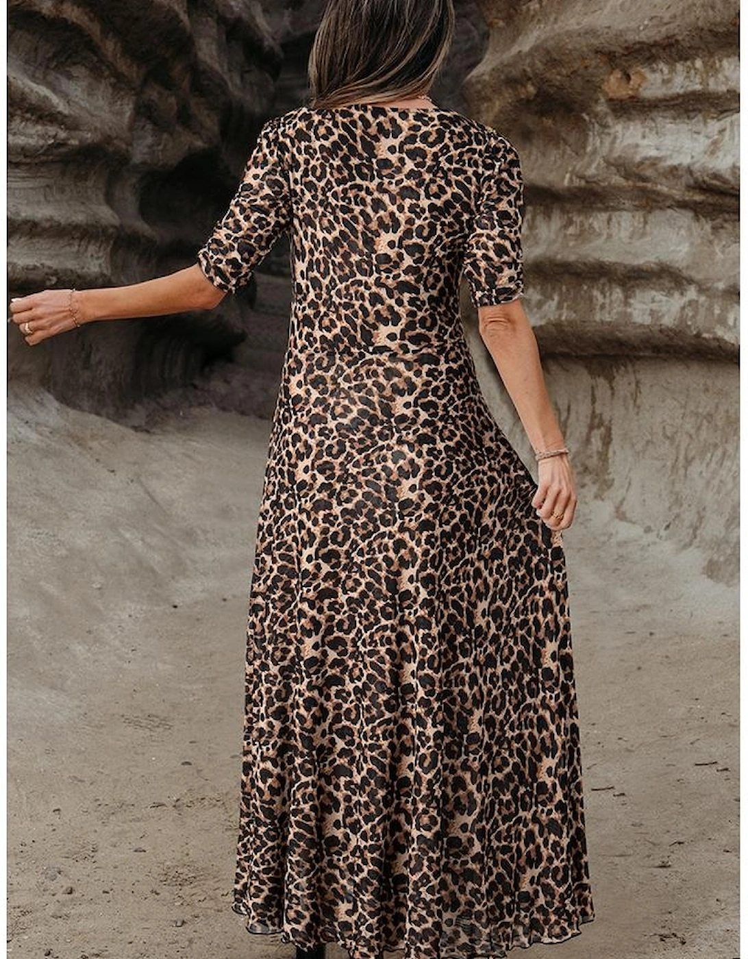 Brown Mesh Leopard Floral Reversible V Neck Short Sleeve Dress