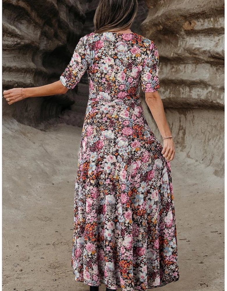 Brown Mesh Leopard Floral Reversible V Neck Short Sleeve Dress