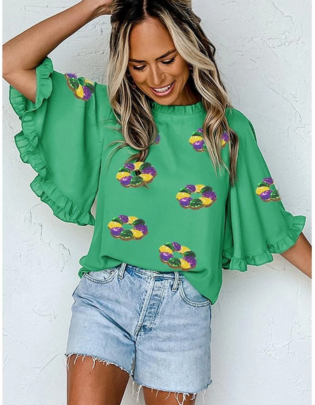 Green Sequin Doughnut Graphic Ruffled Trim Bell Sleeve Mardi Gras Blouse