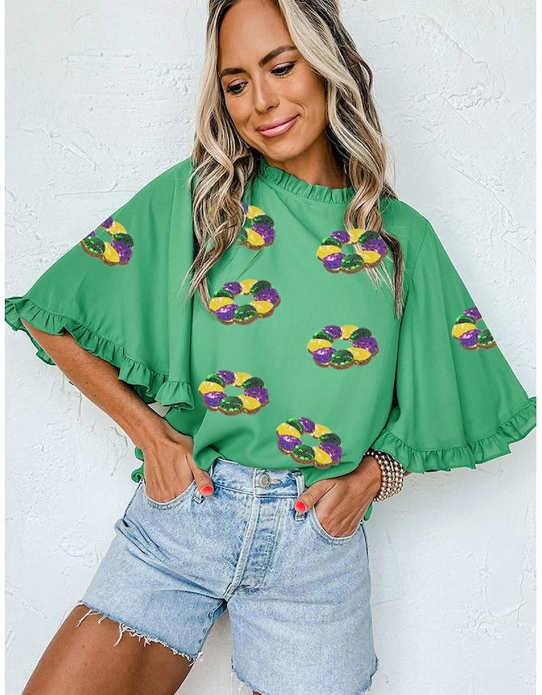 Green Sequin Doughnut Graphic Ruffled Trim Bell Sleeve Mardi Gras Blouse