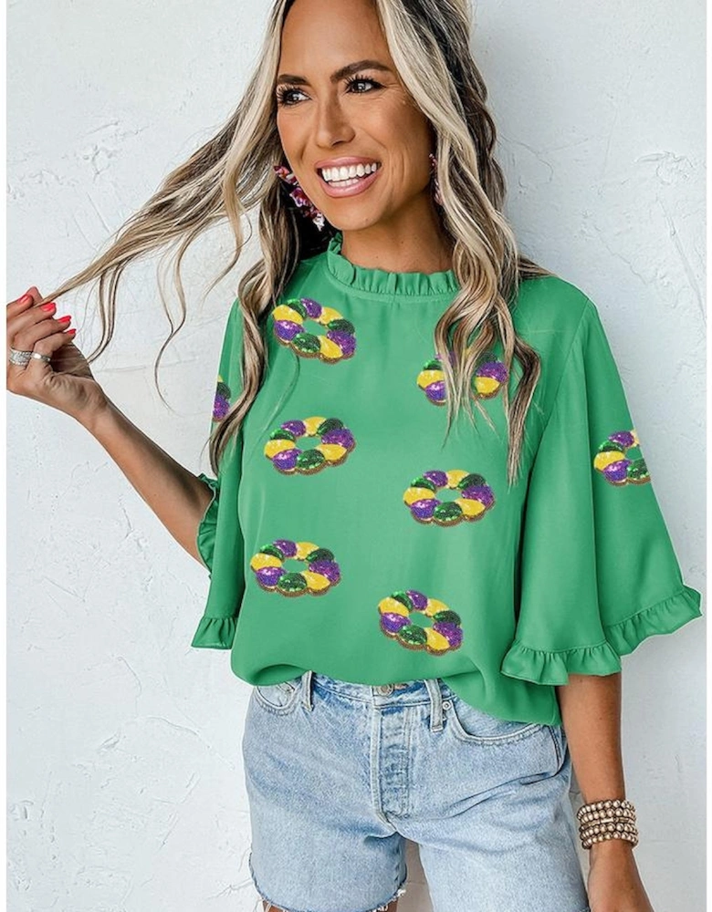 Green Sequin Doughnut Graphic Ruffled Trim Bell Sleeve Mardi Gras Blouse