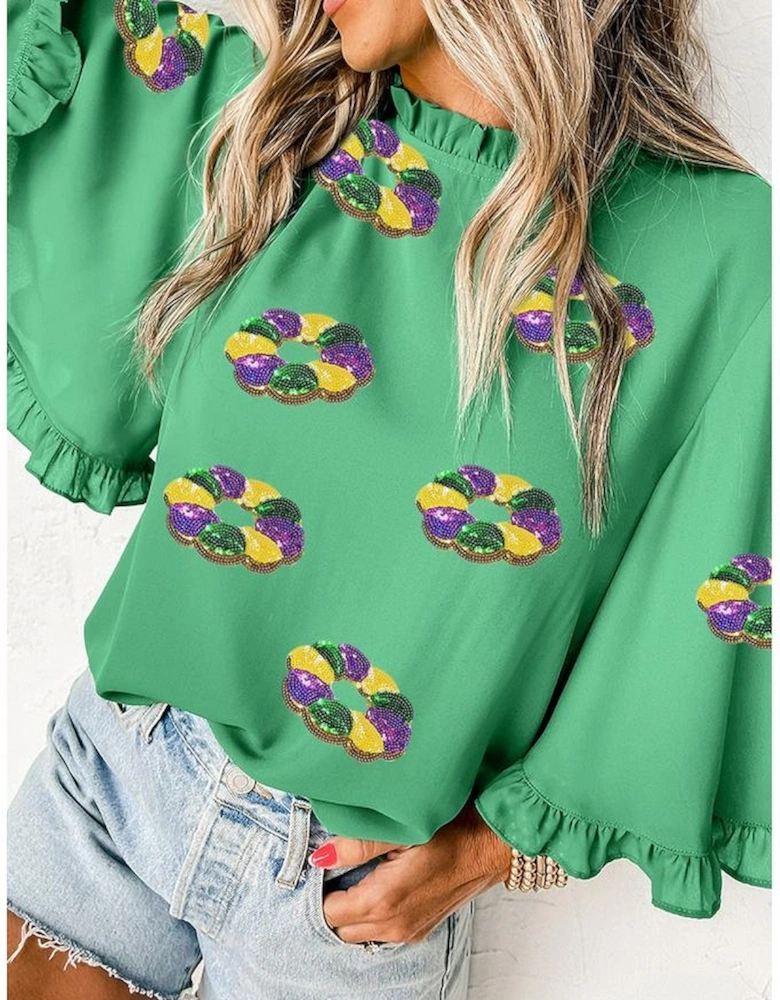 Green Sequin Doughnut Graphic Ruffled Trim Bell Sleeve Mardi Gras Blouse