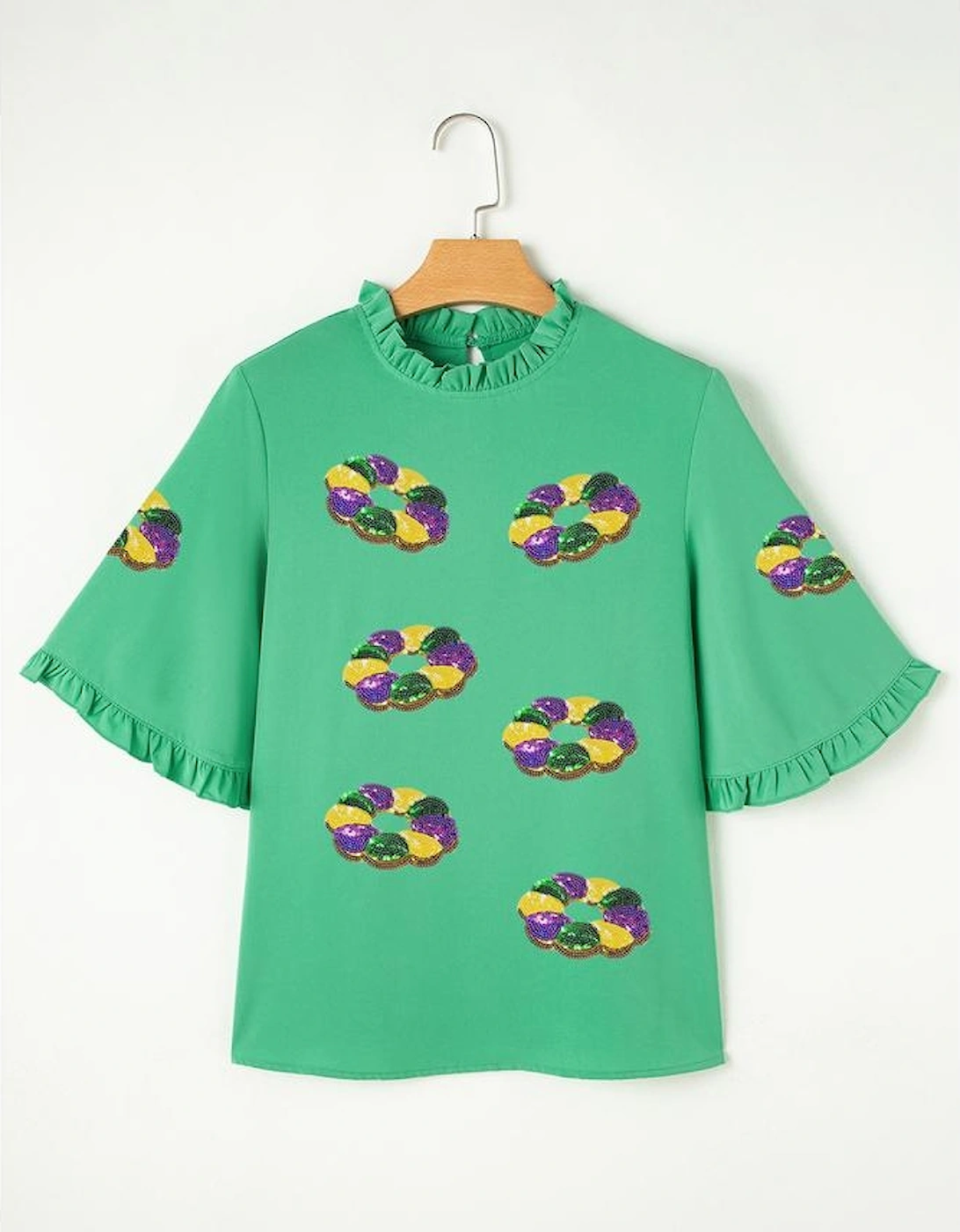 Green Sequin Doughnut Graphic Ruffled Trim Bell Sleeve Mardi Gras Blouse