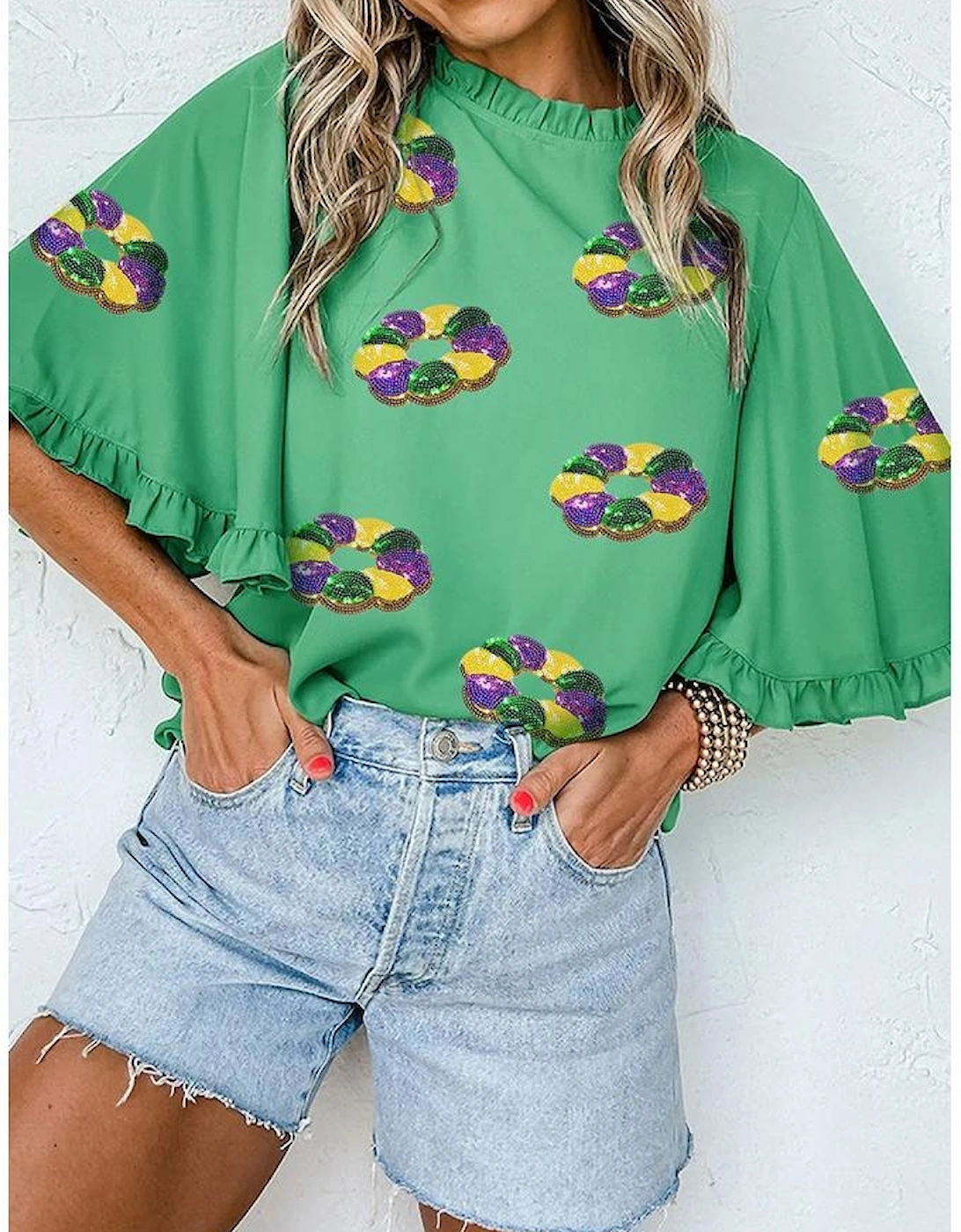 Green Sequin Doughnut Graphic Ruffled Trim Bell Sleeve Mardi Gras Blouse